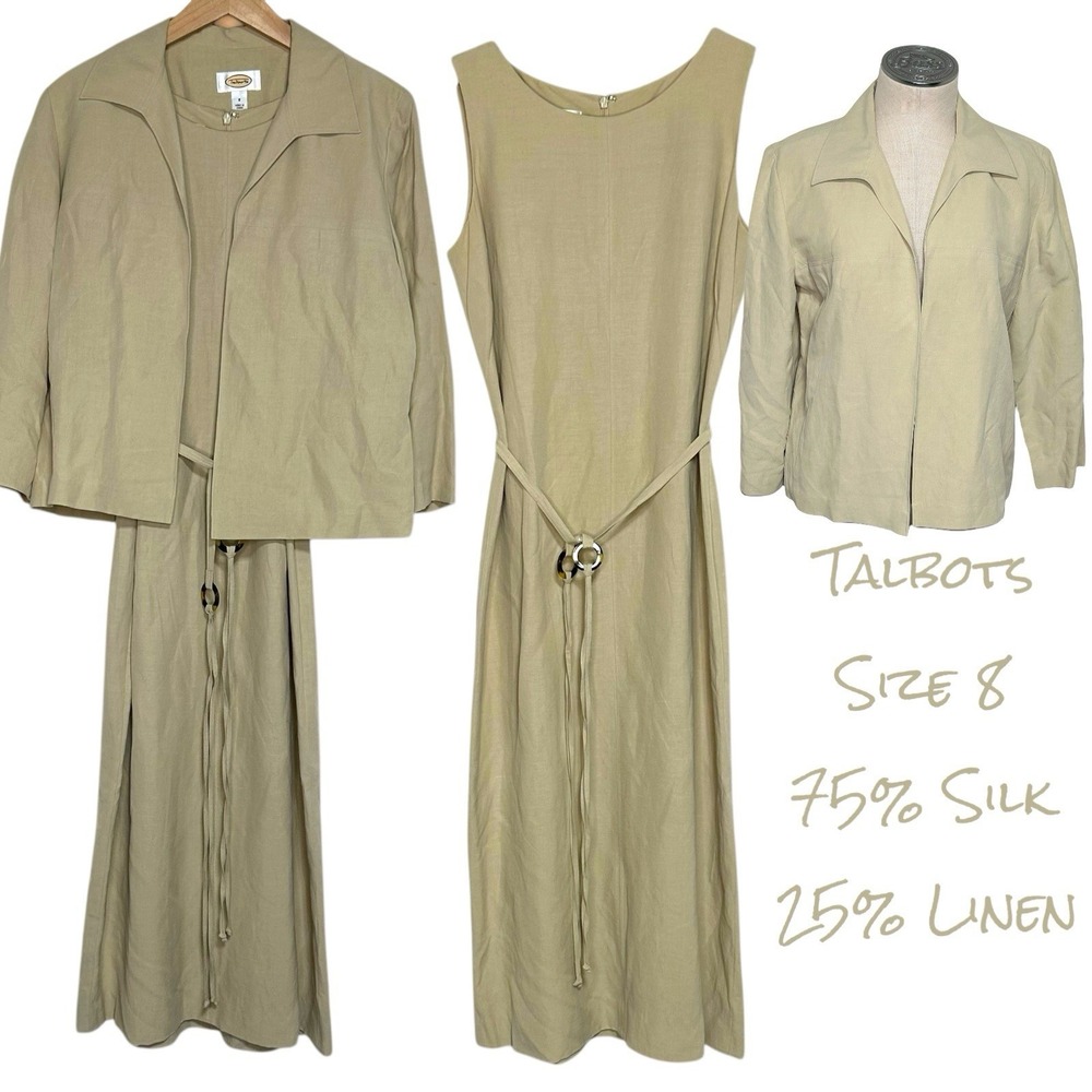 Talbots Dress Blazer Set 8‎ Khaki Silk Linen Midi Sleeveless Belted Career Suit